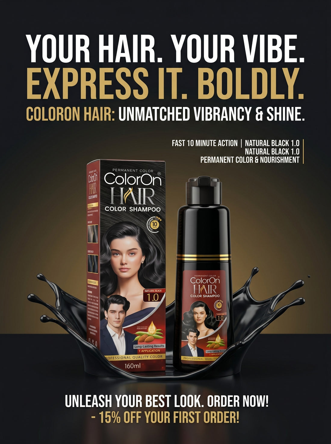 ColorOn Permanent Hair Color Shampoo (Natural Black 1.0) – 160ml